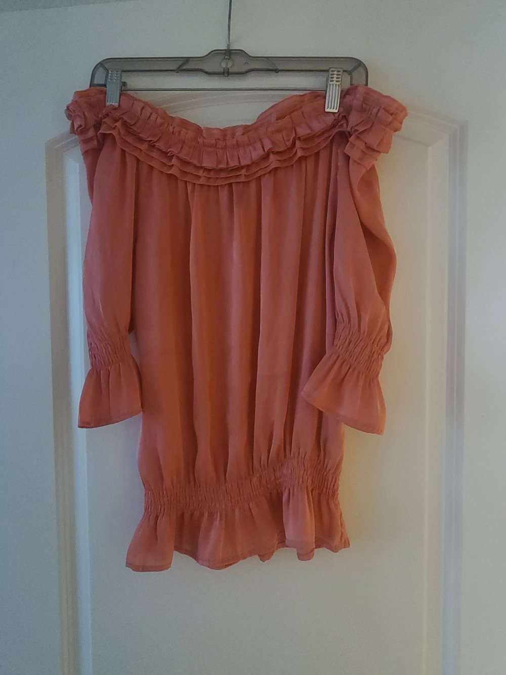 Essentials Coral/Peach Off-Shoulder Ruffle Peasant Top